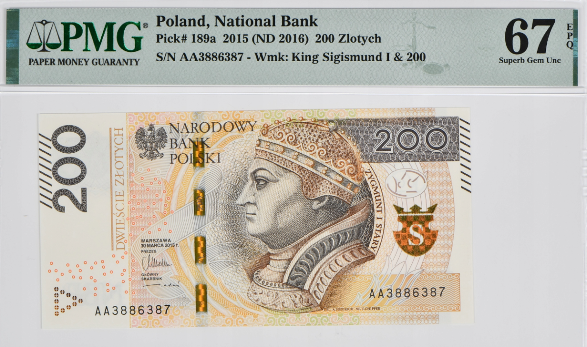 200 złotych z 2015 roku - seria AA - PMG 67 EPQ