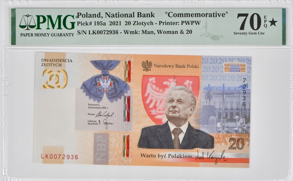 20 zł Lech Kaczyński - Warto być Polakiem - 2021 rok - PMG 70 EPQ